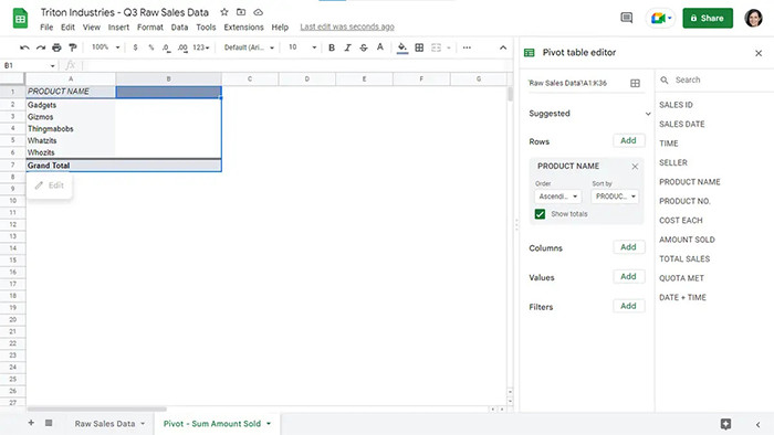 Bảng tổng hợp hiện có cột và hàng