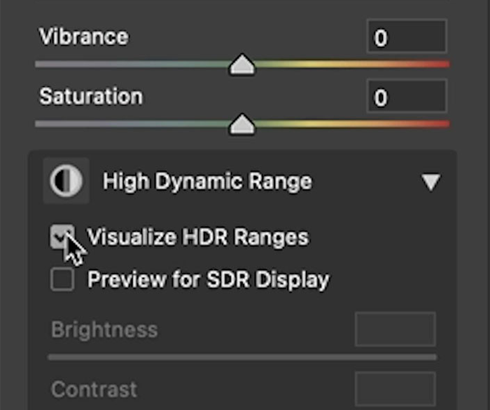 Bật Visualize HDR Ranges