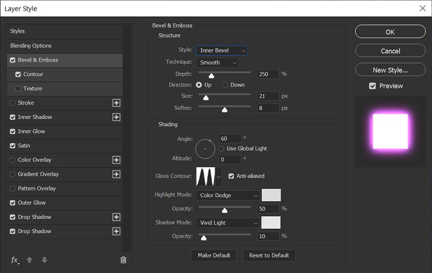 Tùy chỉnh Feffect Bevel & Emboss