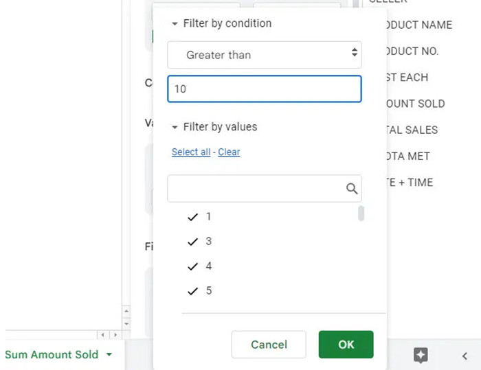 Bộ lọc chỉ bao gồm các số lớn hơn 10 khi tính cột giá trị