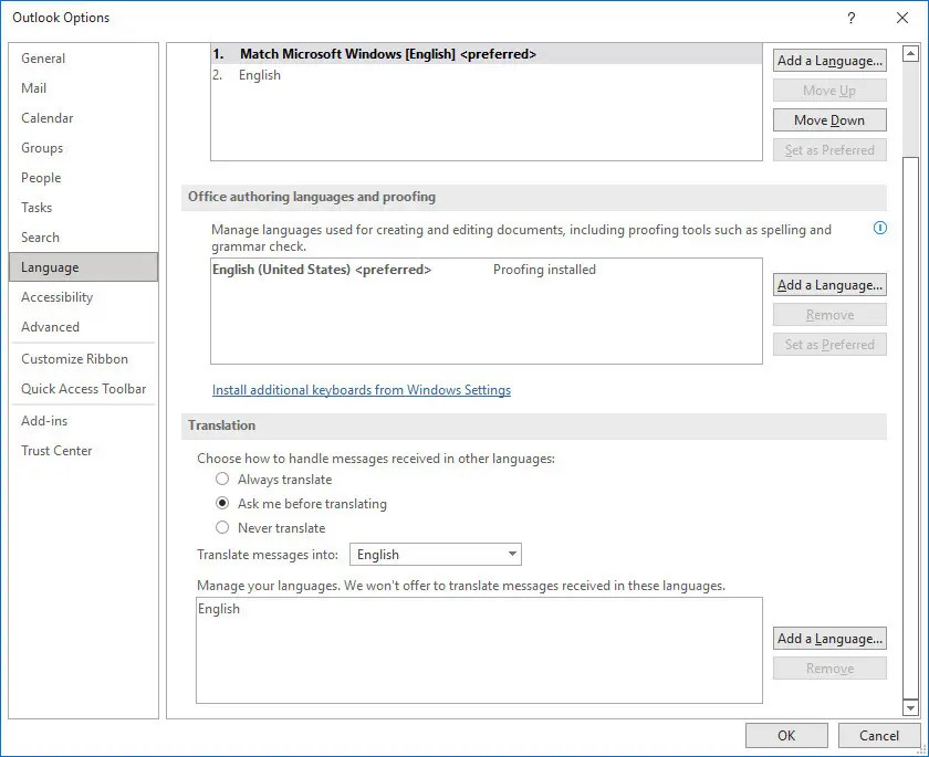 Dịch trong Outlook trên máy tính để bàn