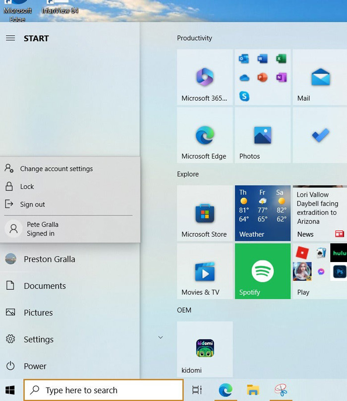 Danh sách tài khoàn trên Win 10