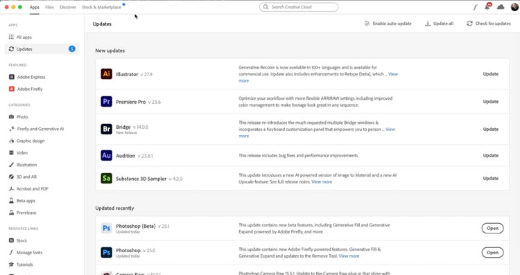 Danh sách thông báo cập nhật