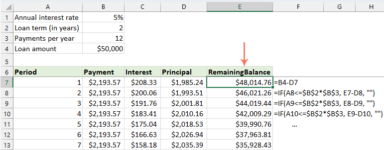 Điều chỉnh công thức số dư còn lại
