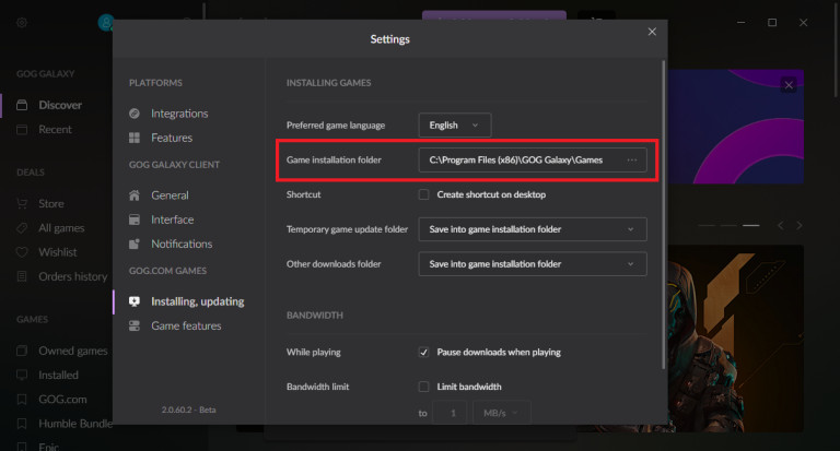 Đường dẫn lưu trữ thu mục trò chơi trên GOG Galaxy