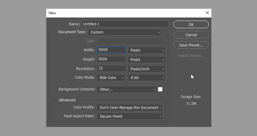 Giao diện Photoshop tạo file mới