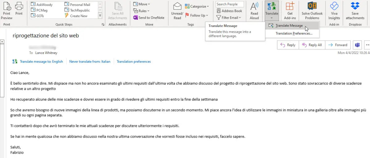 Dịch trong Outlook trên máy tính để bàn
