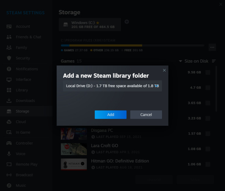 Thêm thư mục mới vào Steam