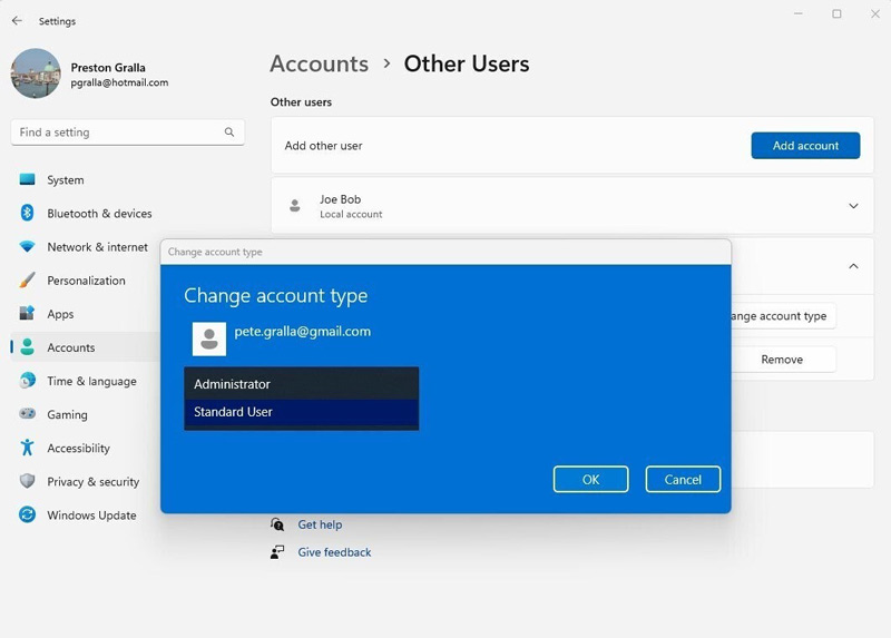 Thay đổi loại tài khoản người dùng Win 11