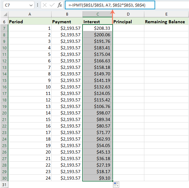 Tính lại bằng hàm IPMT