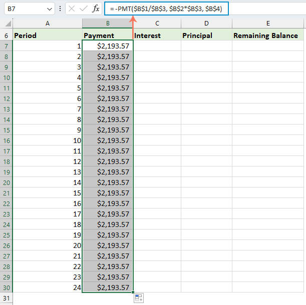 Tính tổng số tiền thanh toán bằng hàm PMT