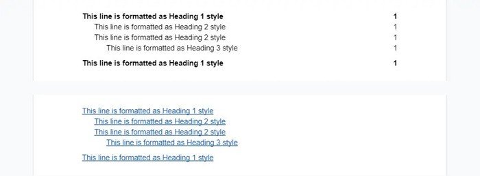 TOC văn bản thuần túy ở trên cùng, TOC liên kết bên dưới
