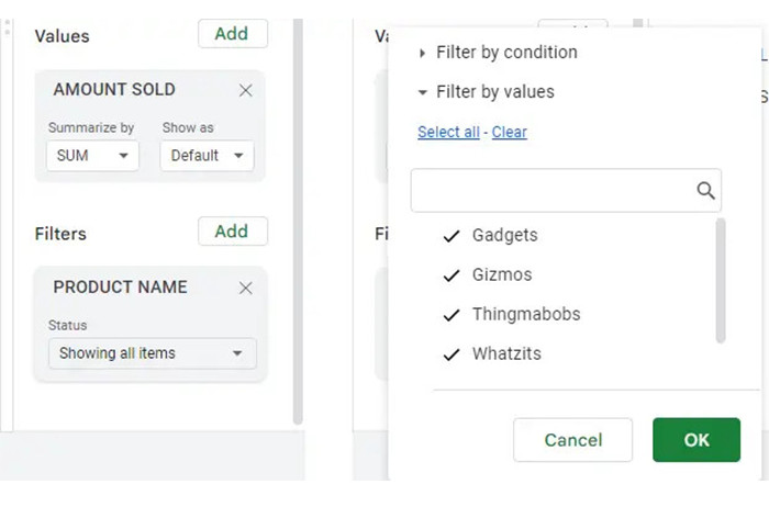 Trong hộp bộ lọc nhấp vào hiển thị tất cả các mục để xem các tùy chọn