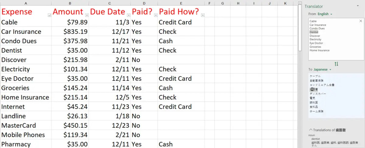 Dịch trong Microsoft Excel