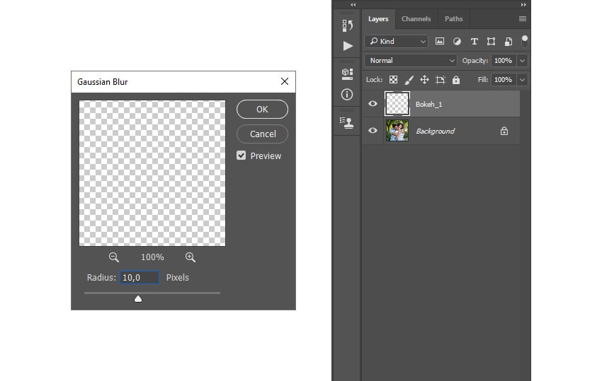 Vào Filter > Blur > Gaussian Blur